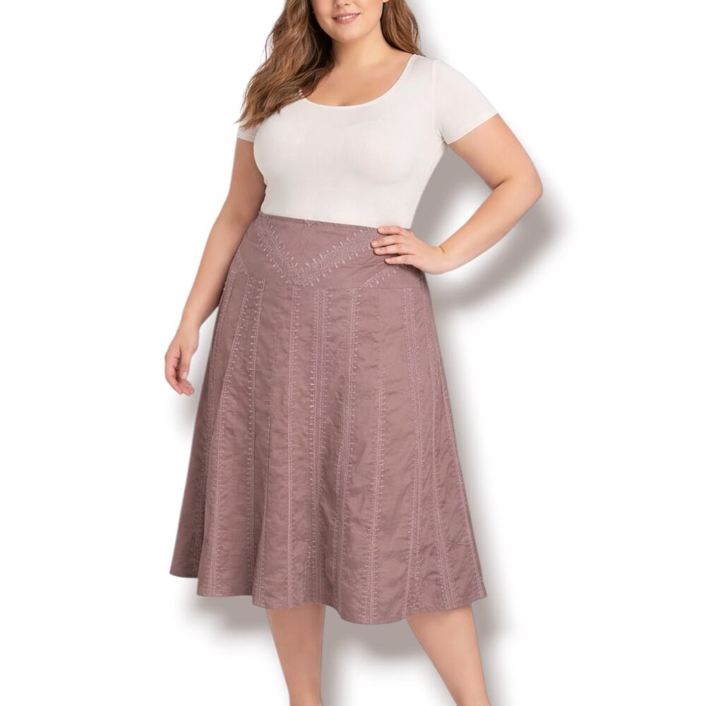 J Jill Brown Embroidered Midi Skirt Cotton Boho A Line Size 16 New Festival